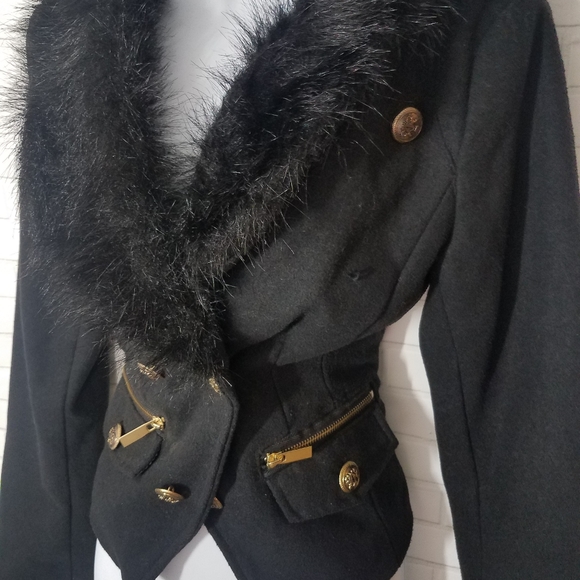Black Wool Blend Faux Fur Jacket - Picture 3 of 12